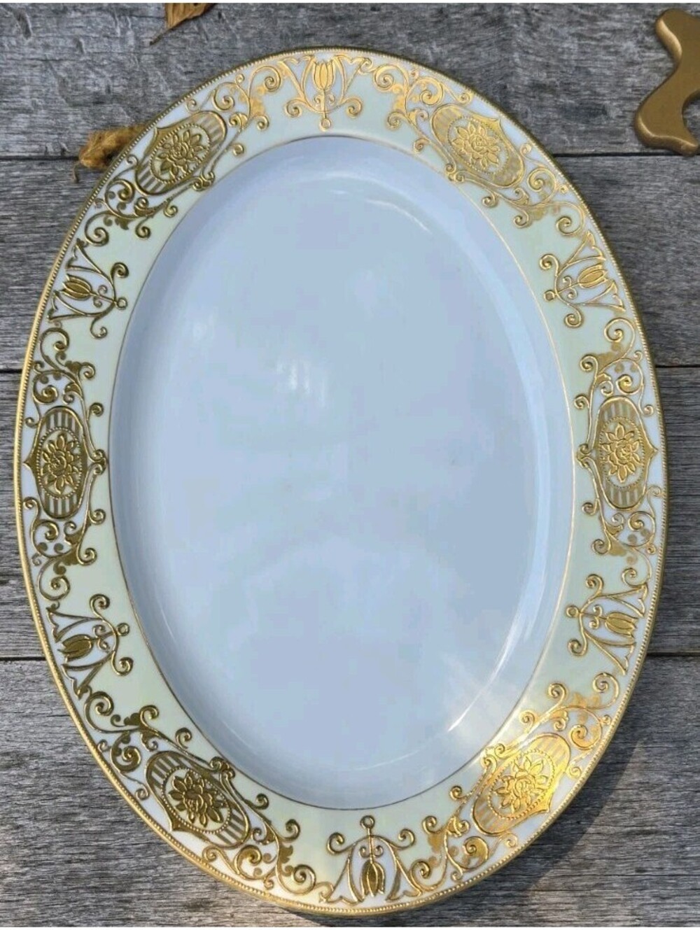 Noritake 16034 Christmas Ball 13"X10" Oval Platter 22K Gold Flowers & Scrolls.